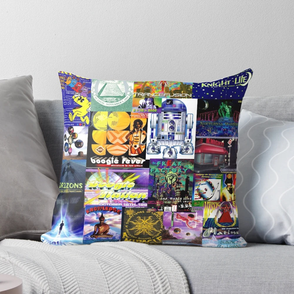Vintage-style 90s rave flyer-inspired throw pillow with neon colors and geometric patterns