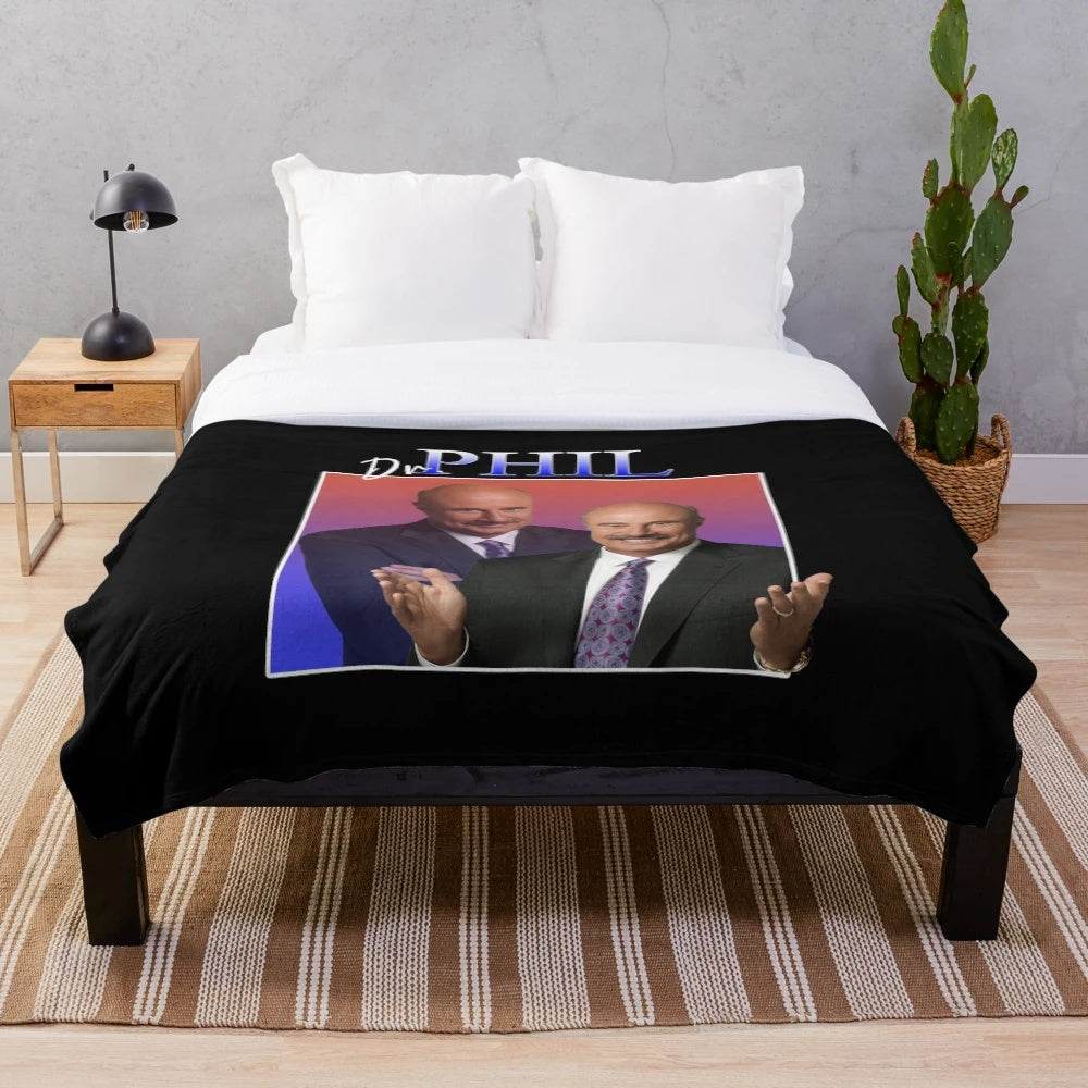 Retro 90s style plush blanket with Dr. Phil inspired graphic design