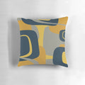 Decorative throw pillow featuring a retro abstract mid century modern pattern in navy blue, mustard yellow, and gray.