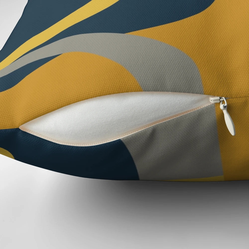 Decorative throw pillow featuring a retro abstract mid century modern pattern in navy blue, mustard yellow, and gray.