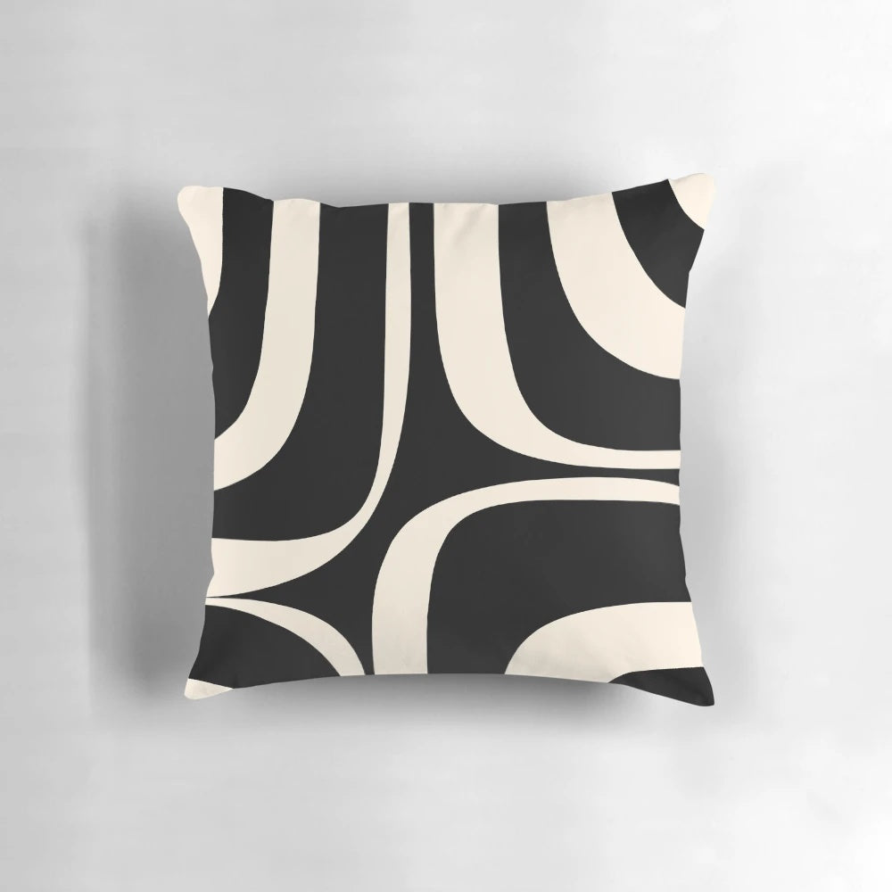Retro abstract minimalist pattern black and cream throw pillow for modern, mid-century decor