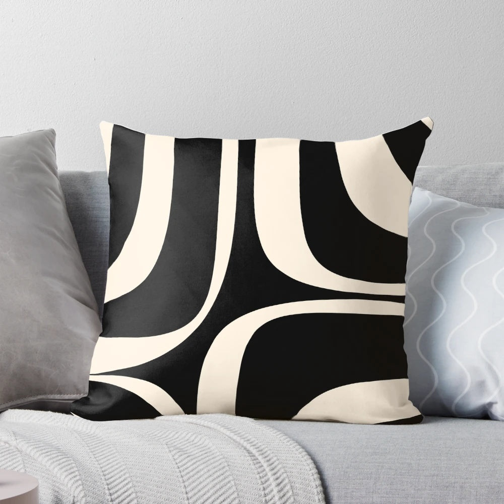 Retro abstract minimalist pattern black and cream throw pillow for modern, mid-century decor