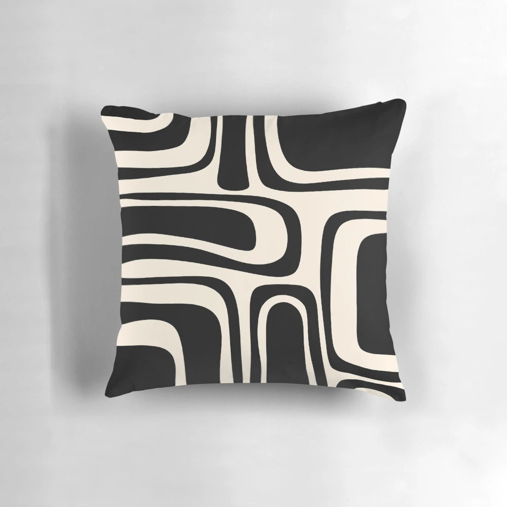 Retro abstract pattern black and cream midcentury modern decorative throw pillow