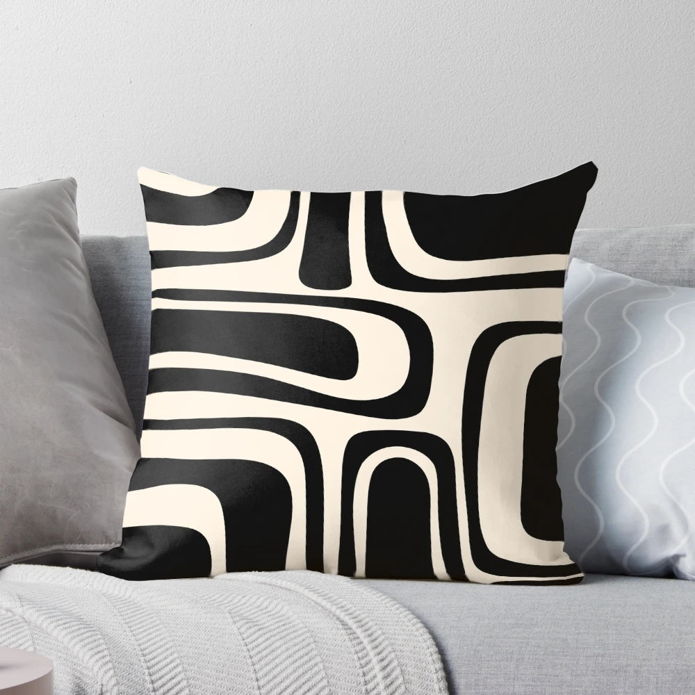 Retro abstract pattern black and cream midcentury modern decorative throw pillow