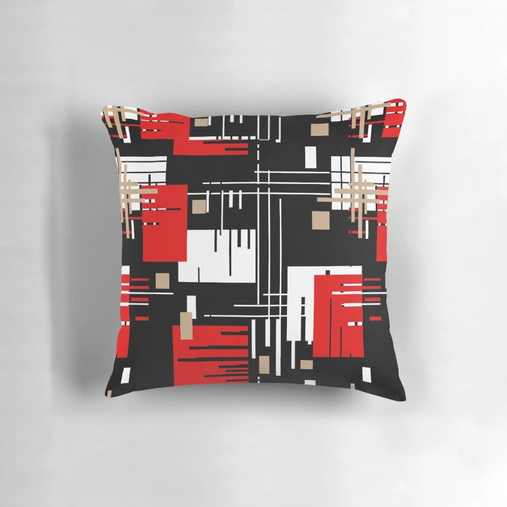 Retro abstract pattern throw pillow in beige, red, black, and white for scandinavian-inspired home decor