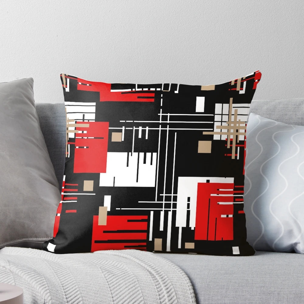 Retro abstract pattern throw pillow in beige, red, black, and white for scandinavian-inspired home decor