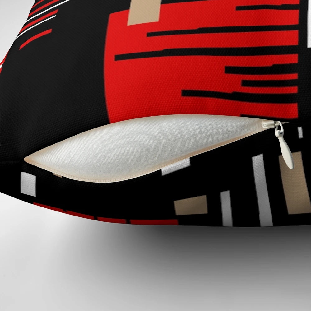 Retro abstract pattern throw pillow in beige, red, black, and white for scandinavian-inspired home decor