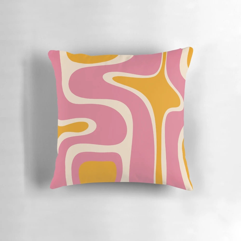 Retro abstract pattern throw pillow in thulian pink, mustard, and cream beige