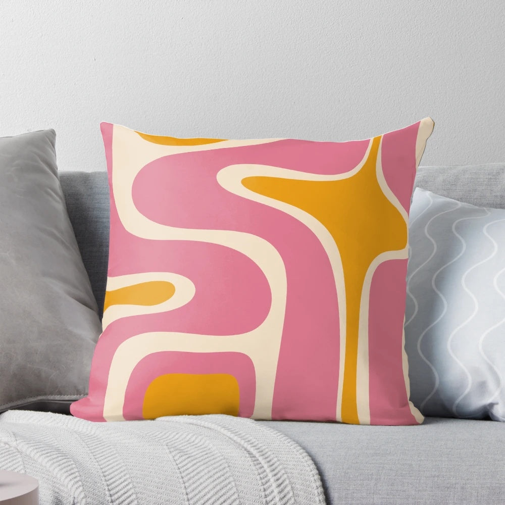 Retro abstract pattern throw pillow in thulian pink, mustard, and cream beige