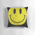 Distressed acid house style throw pillow with a vibrant, psychedelic design