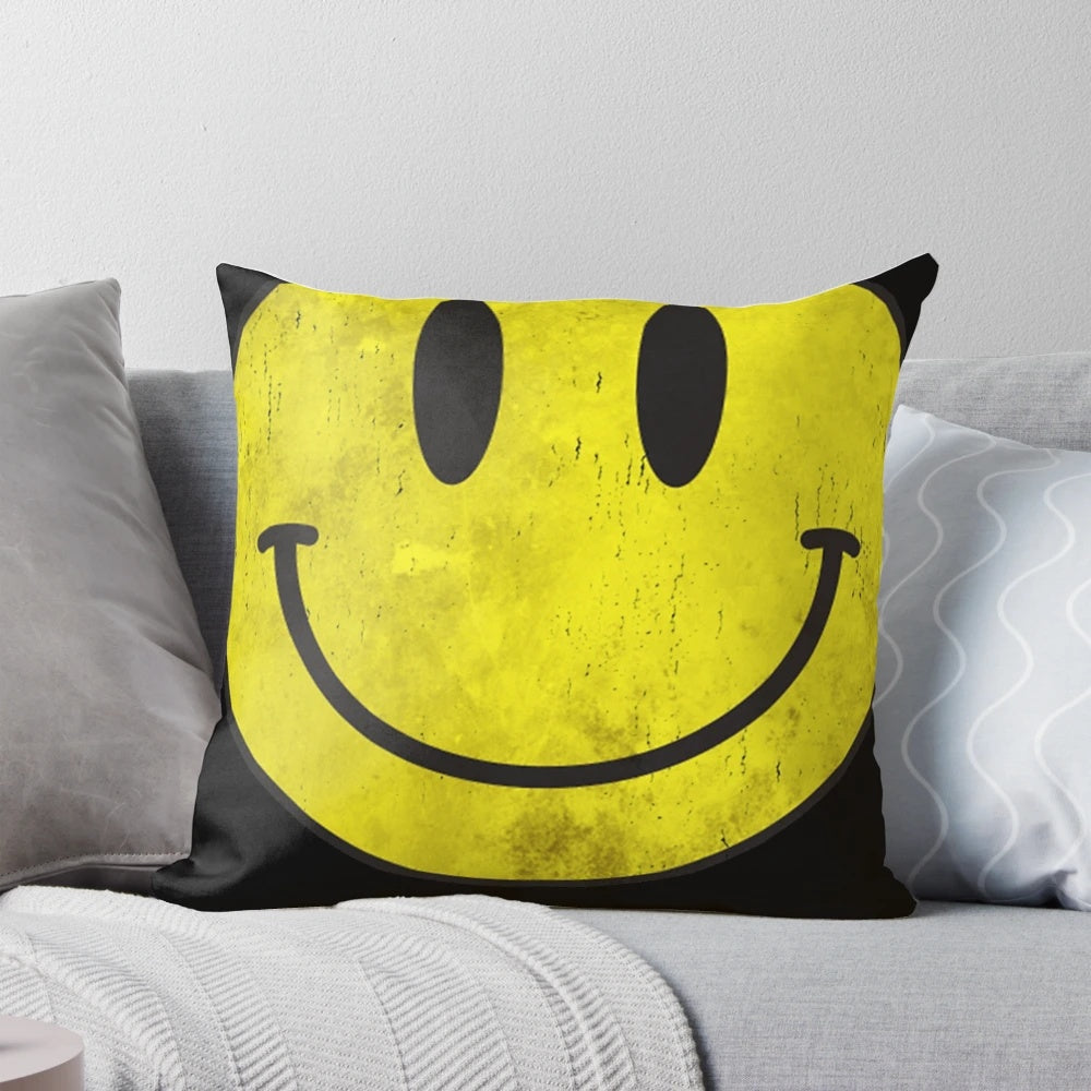 Distressed acid house style throw pillow with a vibrant, psychedelic design