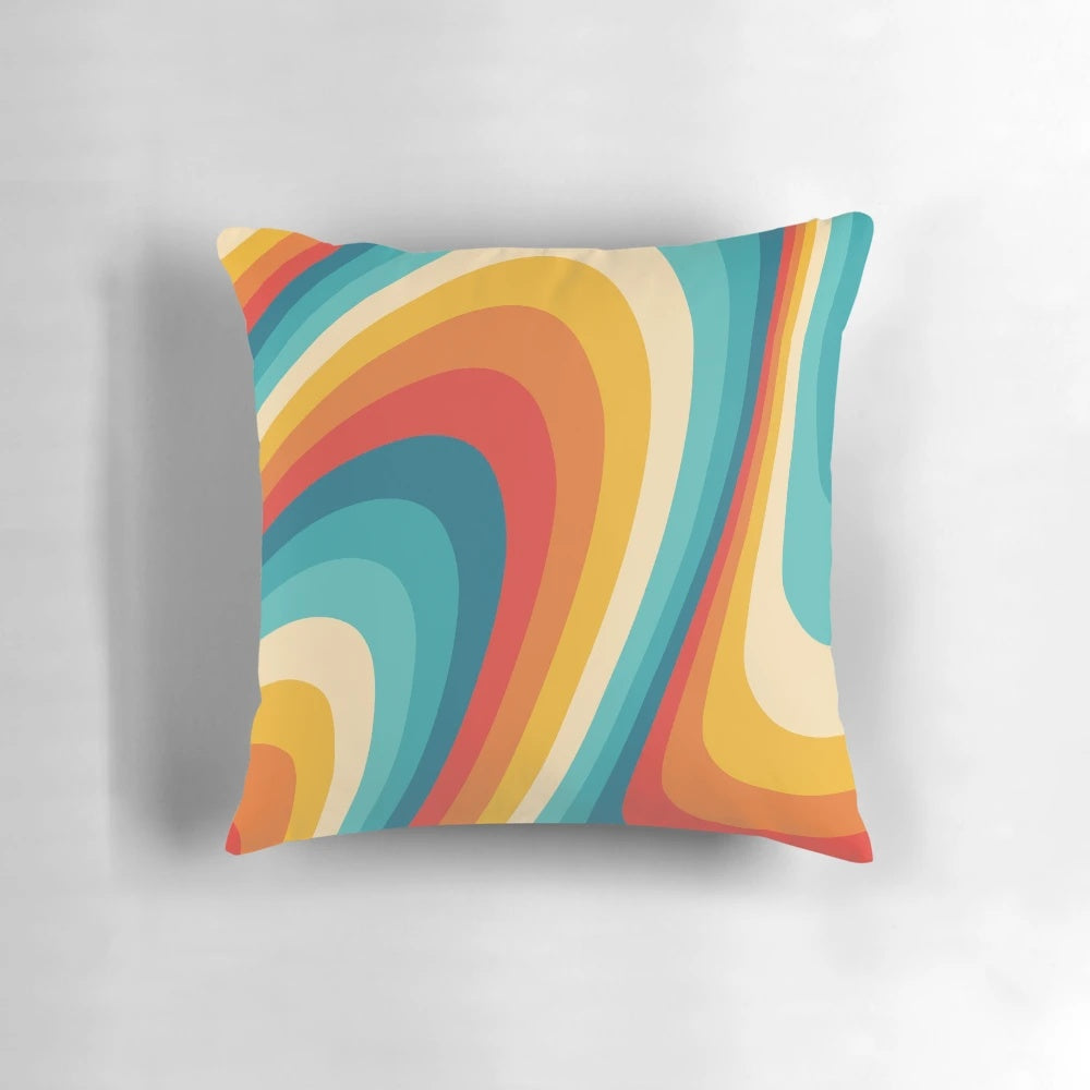 Vibrant retro aesthetic throw pillow with fluid motions and rainbow colors