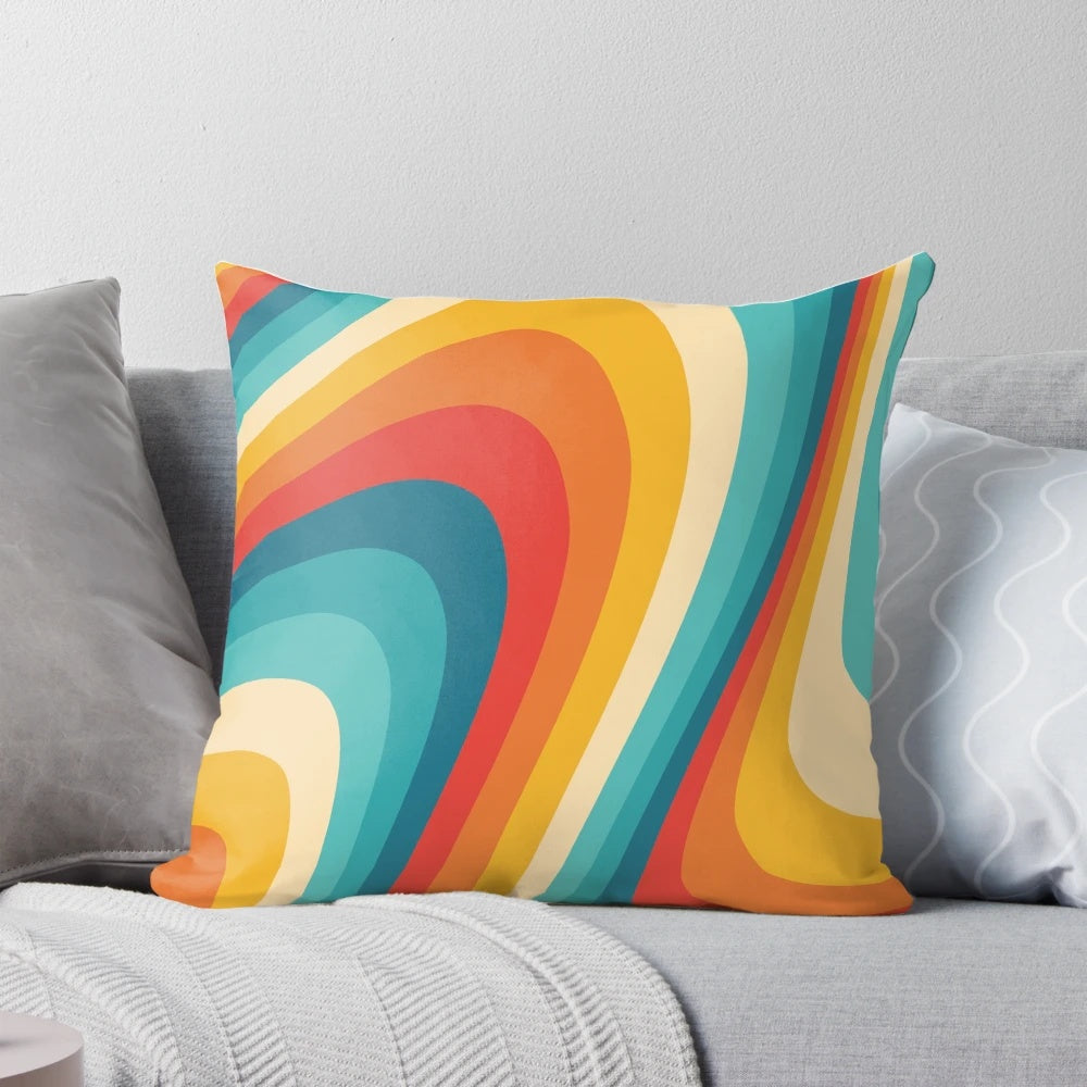 Vibrant retro aesthetic throw pillow with fluid motions and rainbow colors