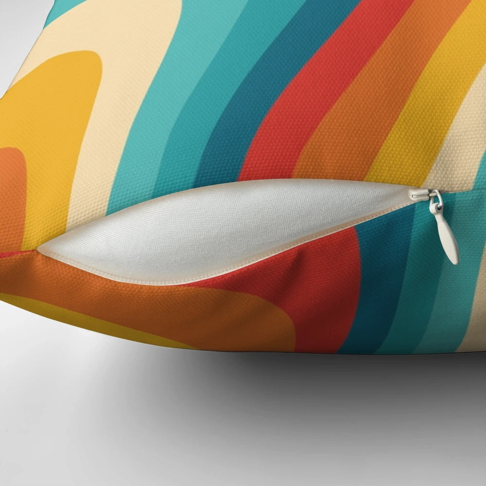 Vibrant retro aesthetic throw pillow with fluid motions and rainbow colors
