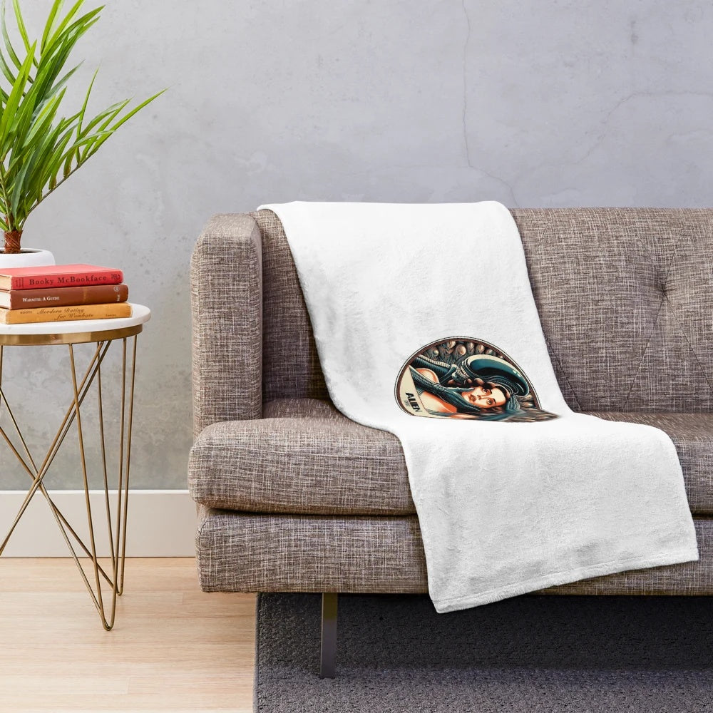 Retro alien sci-fi plush blanket featuring cosmic thriller design