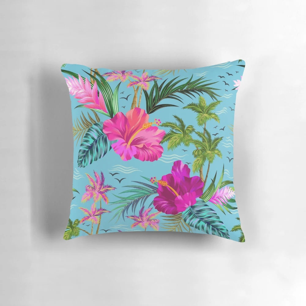 Retro aloha pattern pillow with tropical flowers, birds, and palm leaves