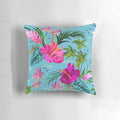 Retro aloha pattern pillow with tropical flowers, birds, and palm leaves