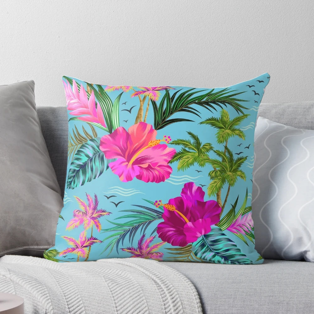 Retro aloha pattern pillow with tropical flowers, birds, and palm leaves