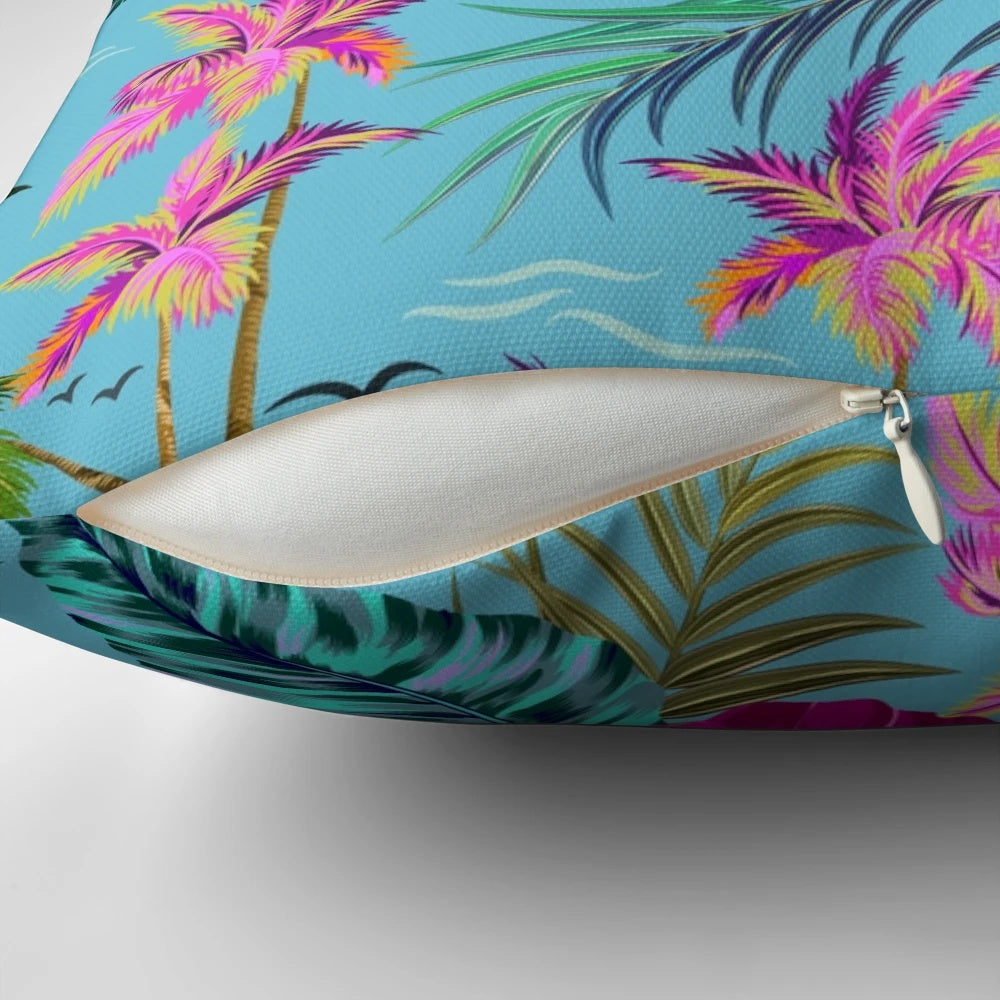 Retro aloha pattern pillow with tropical flowers, birds, and palm leaves