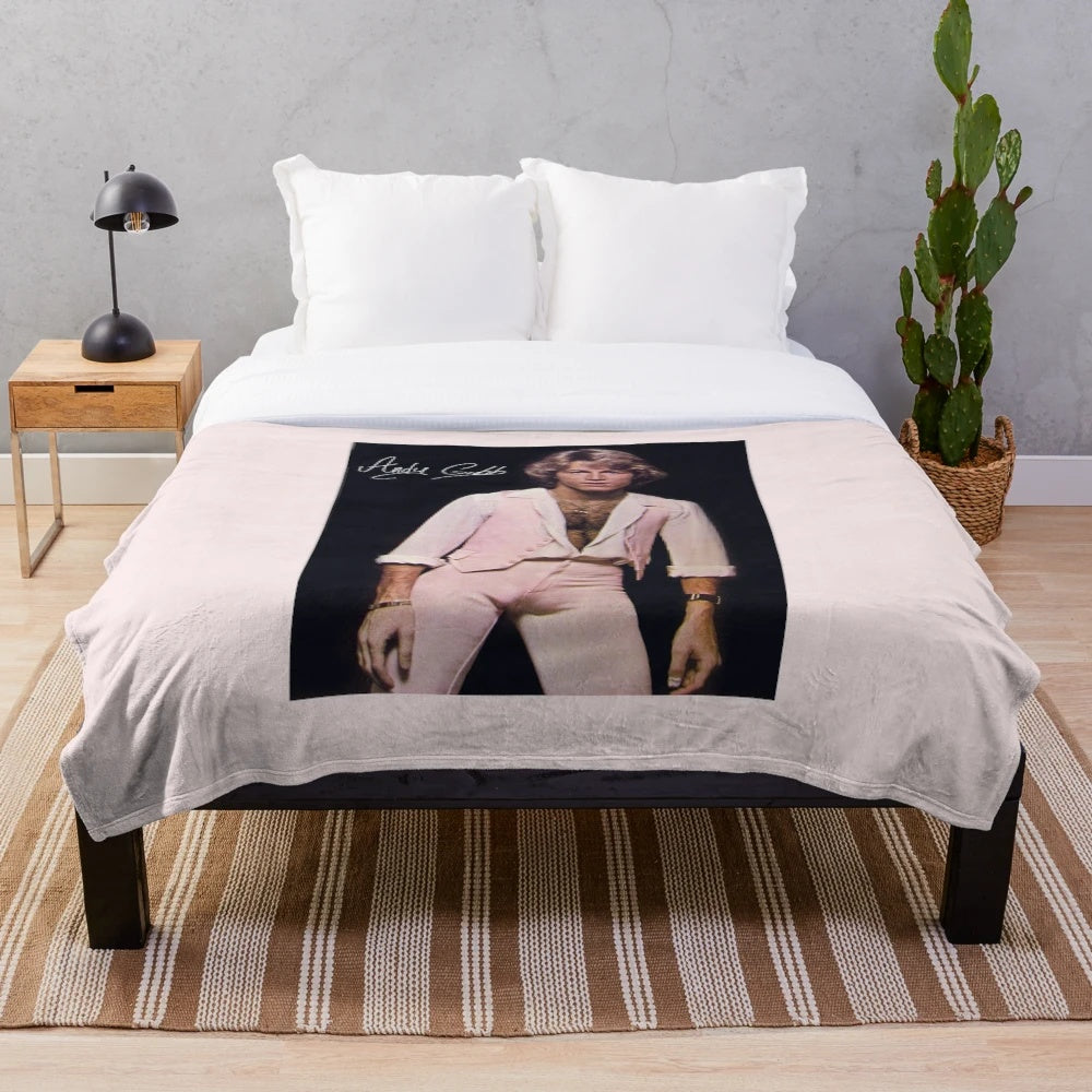 Retro-style Andy Gibb inspired plush blanket with bee gees imagery