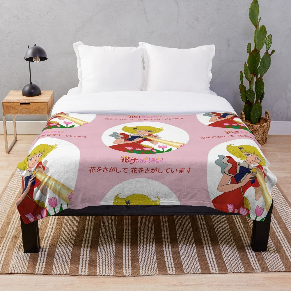 Soft and cozy plush blanket featuring the beloved character Hana no ko Lunlun from the vintage anime series.
