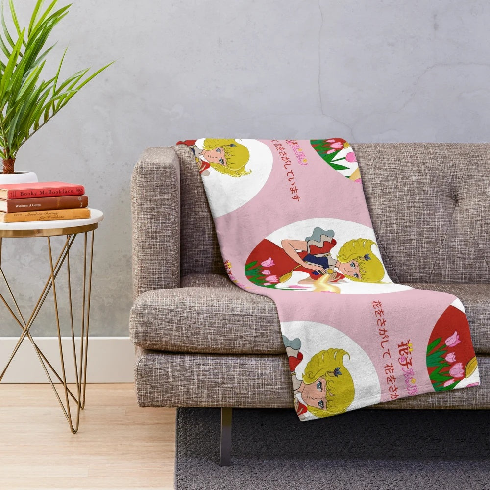 Soft and cozy plush blanket featuring the beloved character Hana no ko Lunlun from the vintage anime series.