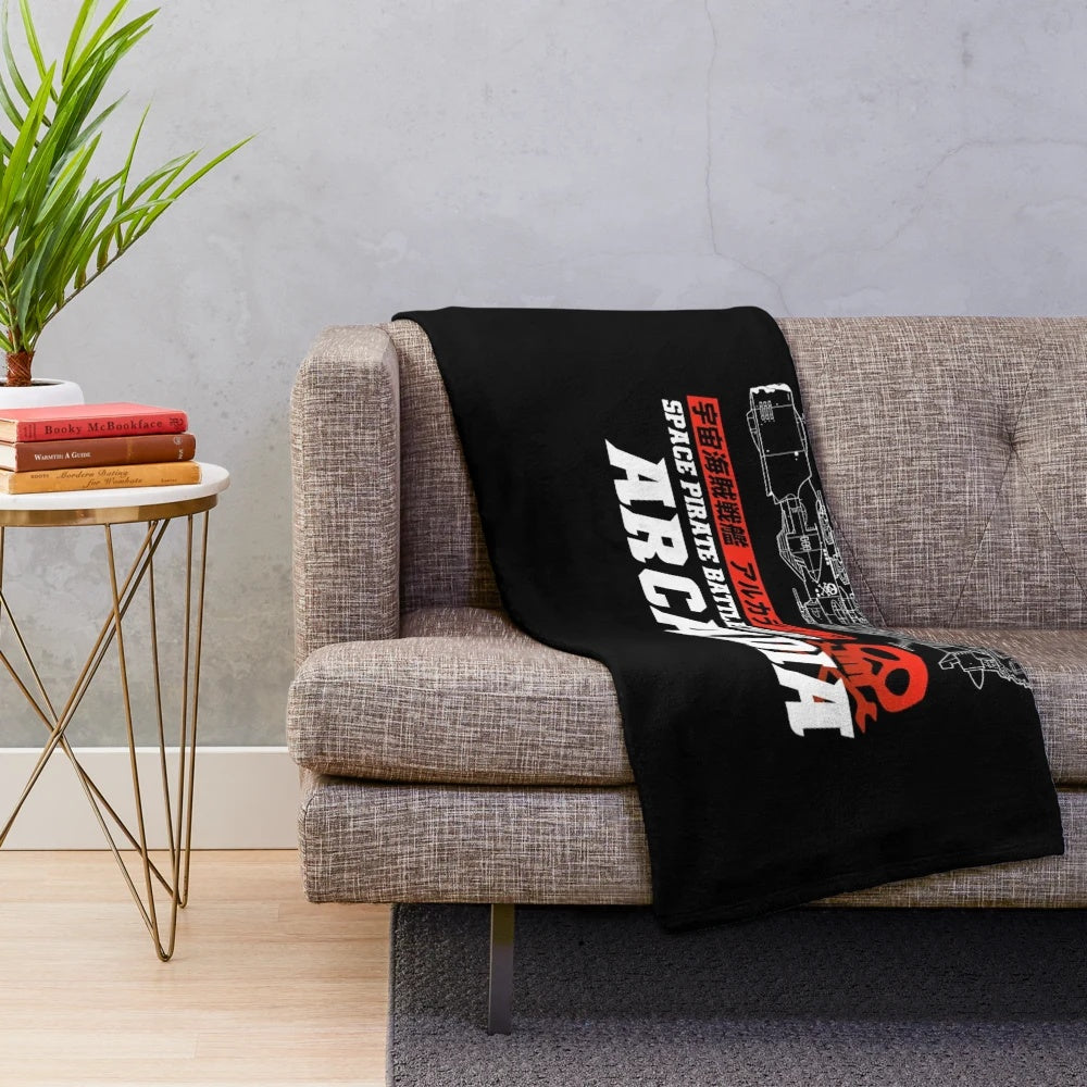 Plush blanket featuring the iconic ARCADIA battleship from the classic anime series Captain Harlock