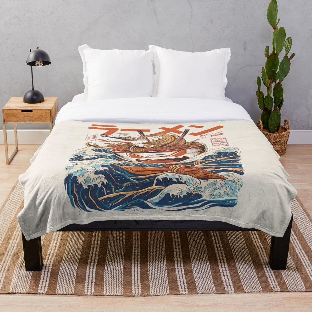 Plush blanket featuring a retro anime-style illustration of a ramen bowl with a kaiju wave in the background