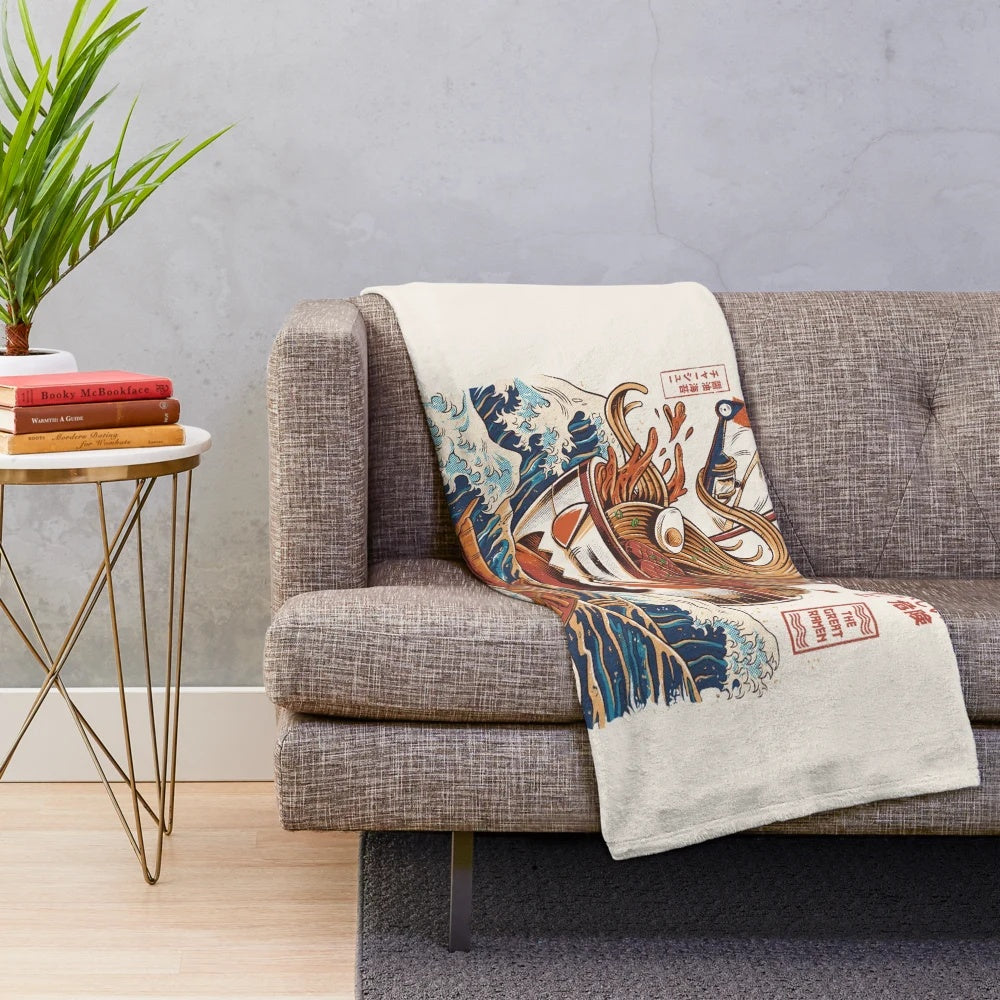 Plush blanket featuring a retro anime-style illustration of a ramen bowl with a kaiju wave in the background