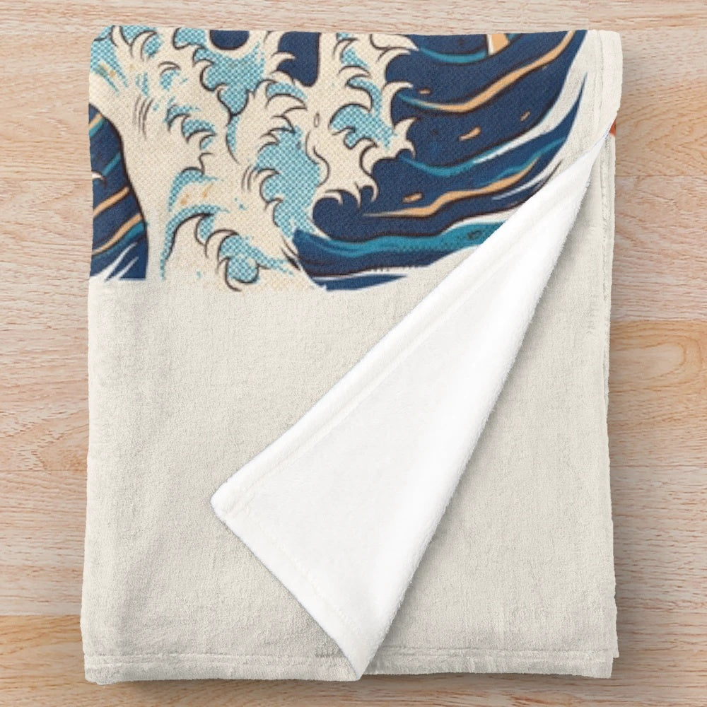 Plush blanket featuring a retro anime-style illustration of a ramen bowl with a kaiju wave in the background