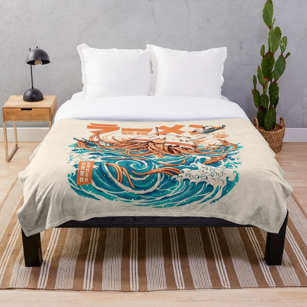 Plush blanket with retro anime-inspired design featuring the Great Wave off Kanagawa