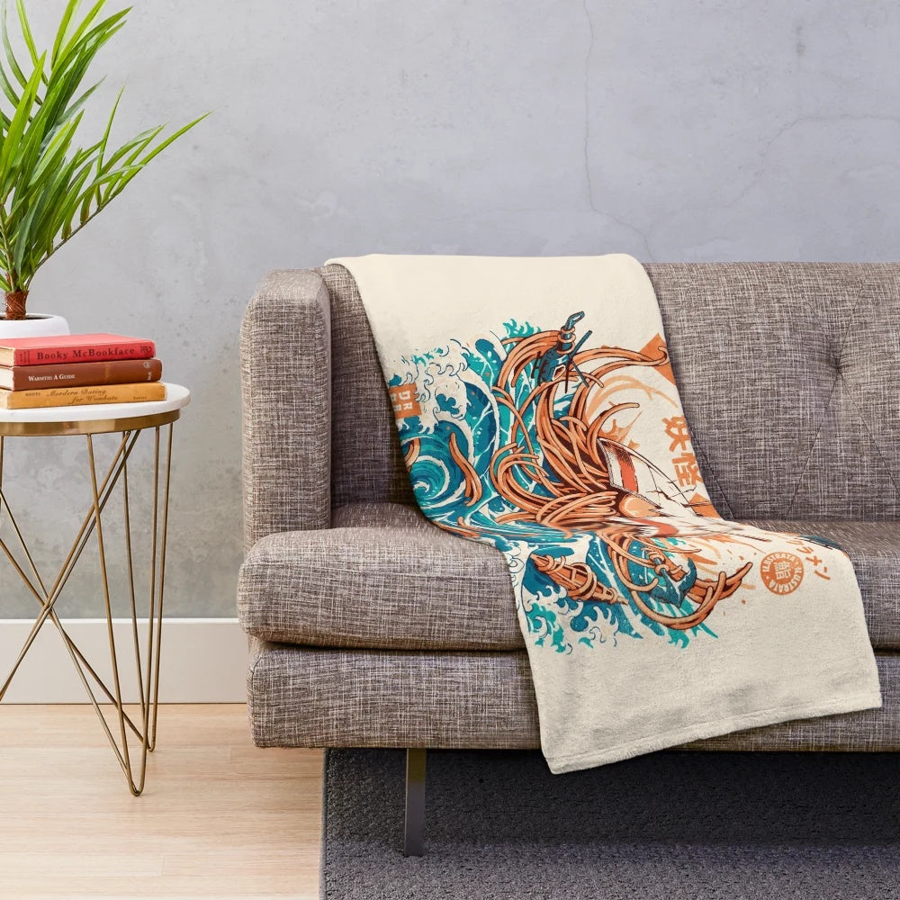 Plush blanket with retro anime-inspired design featuring the Great Wave off Kanagawa