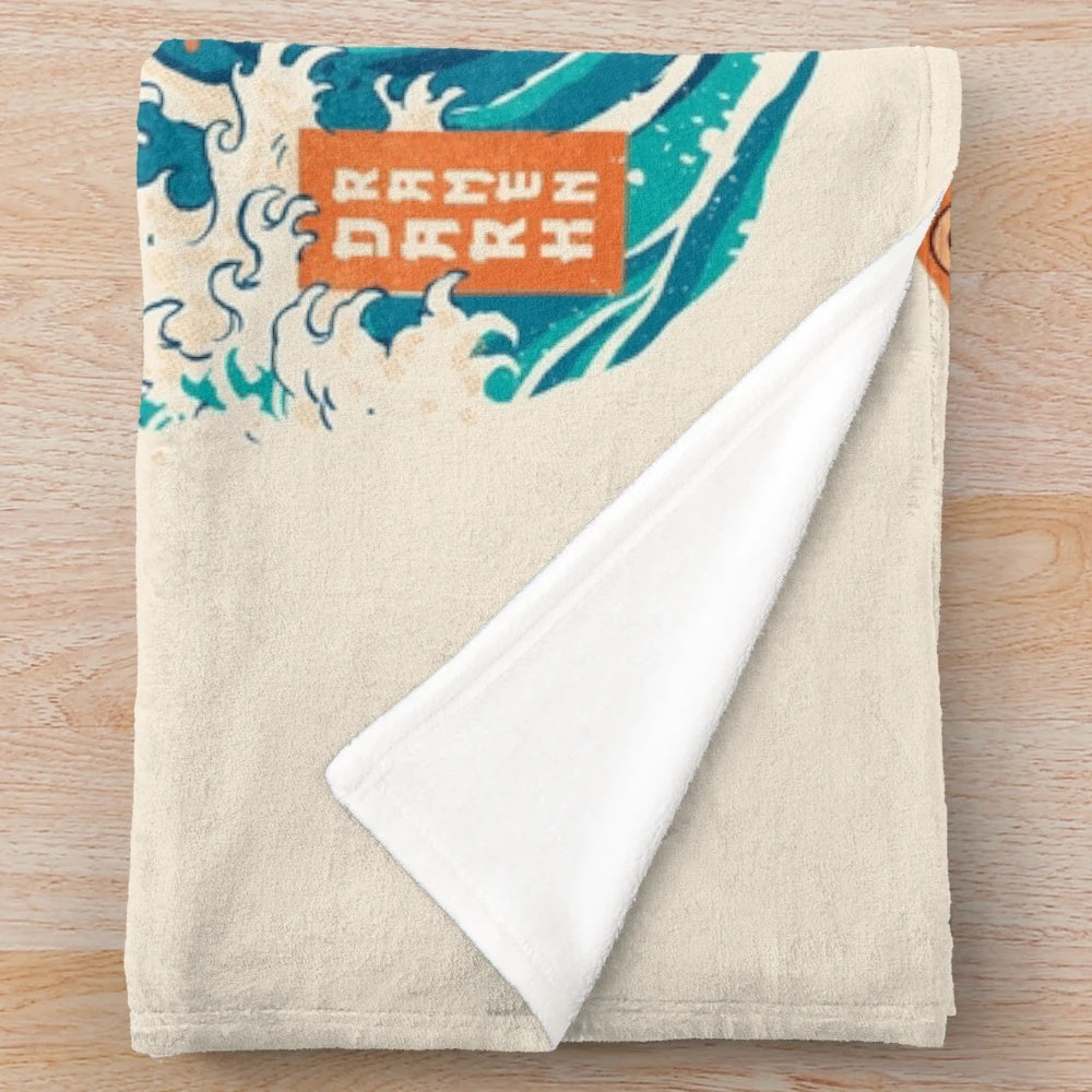 Plush blanket with retro anime-inspired design featuring the Great Wave off Kanagawa