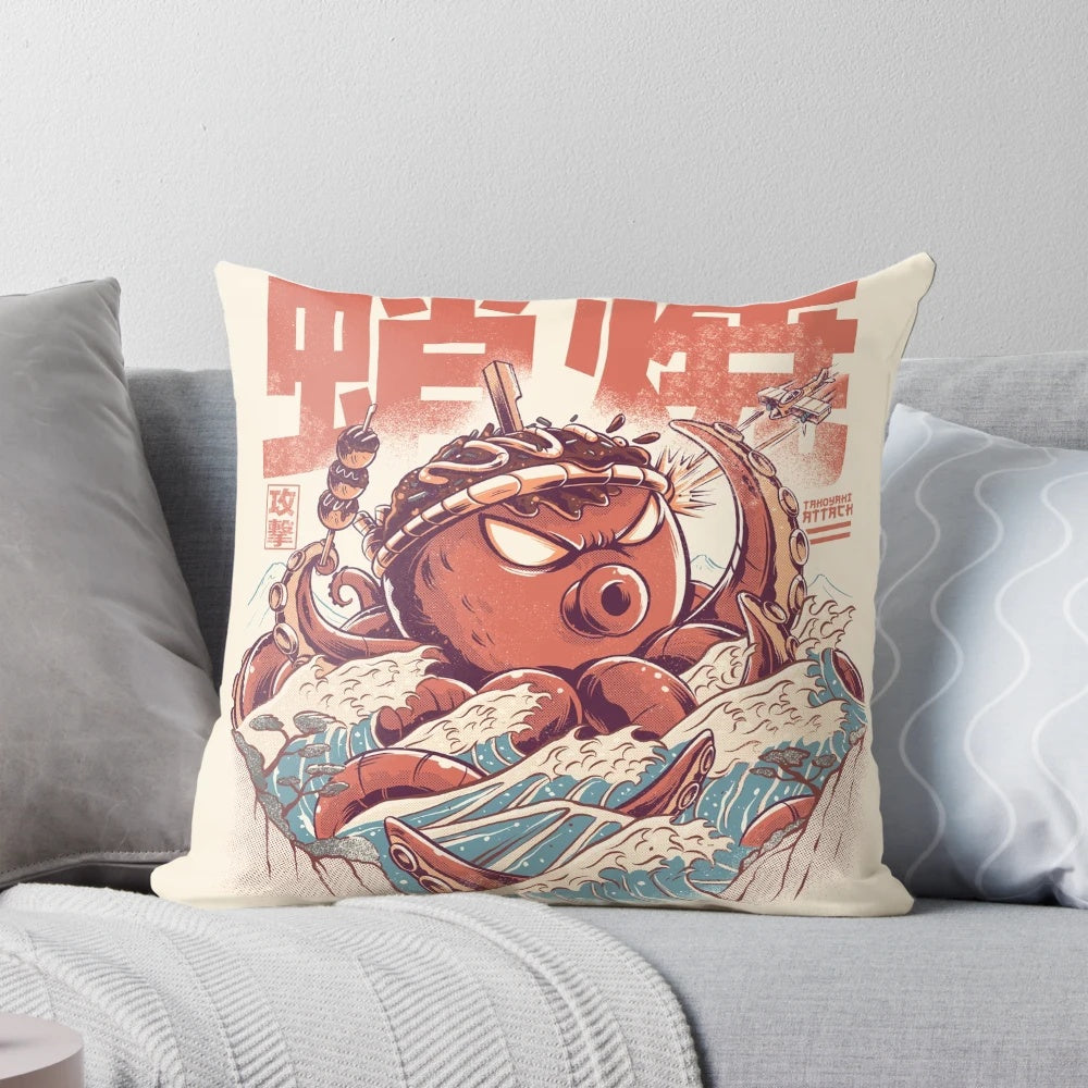 Retro-style anime-inspired pillow featuring a takoyaki-themed kaiju creature with tentacles