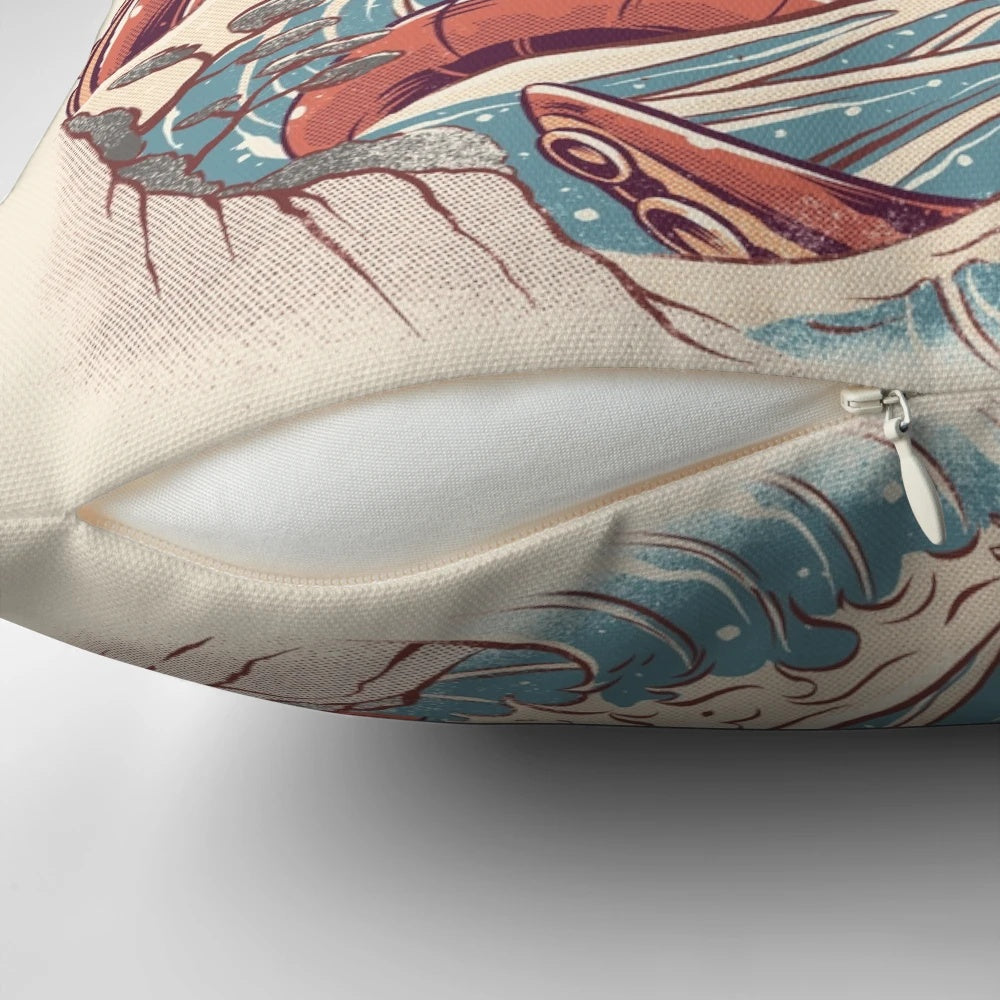 Retro-style anime-inspired pillow featuring a takoyaki-themed kaiju creature with tentacles
