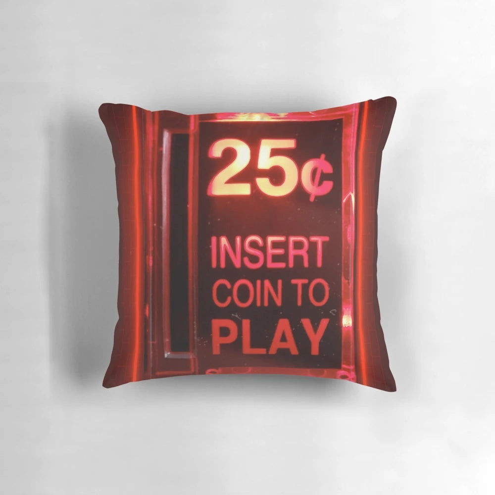 Retro arcade-inspired pillow with "Insert Coin" design