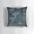 Vintage architectural toy brick pillow with blueprint-inspired design