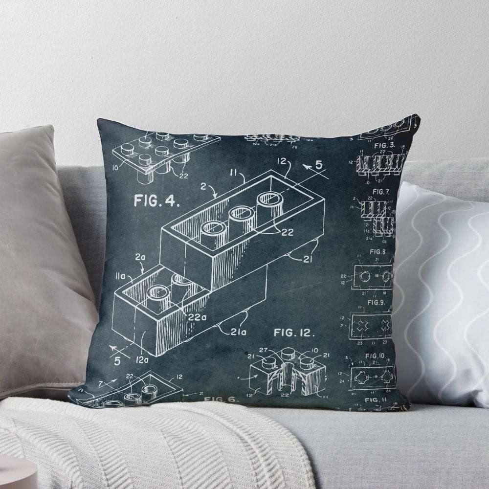 Vintage architectural toy brick pillow with blueprint-inspired design