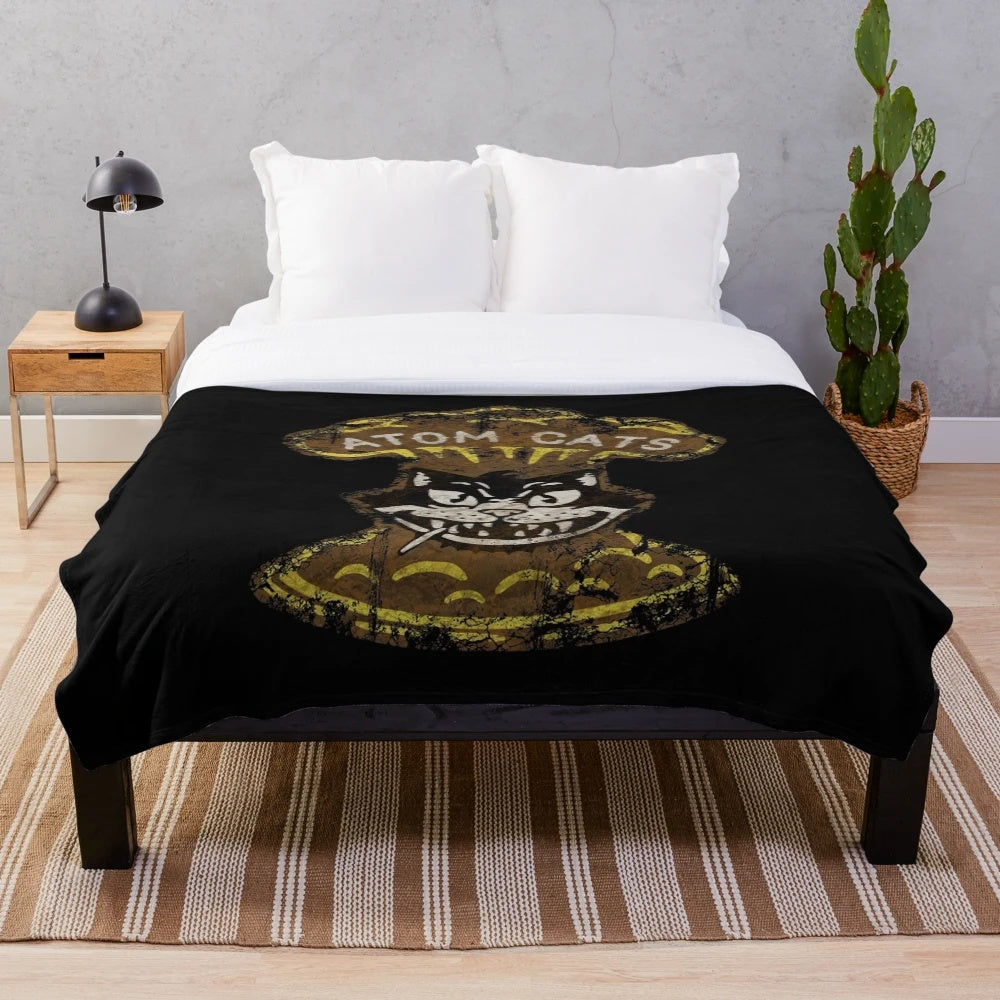 Retro Atom Cats plush blanket with a post-apocalyptic, gritty design