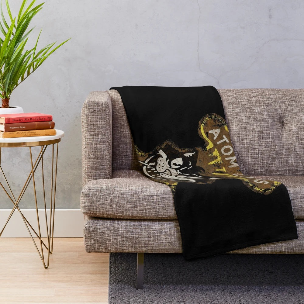 Retro Atom Cats plush blanket with a post-apocalyptic, gritty design