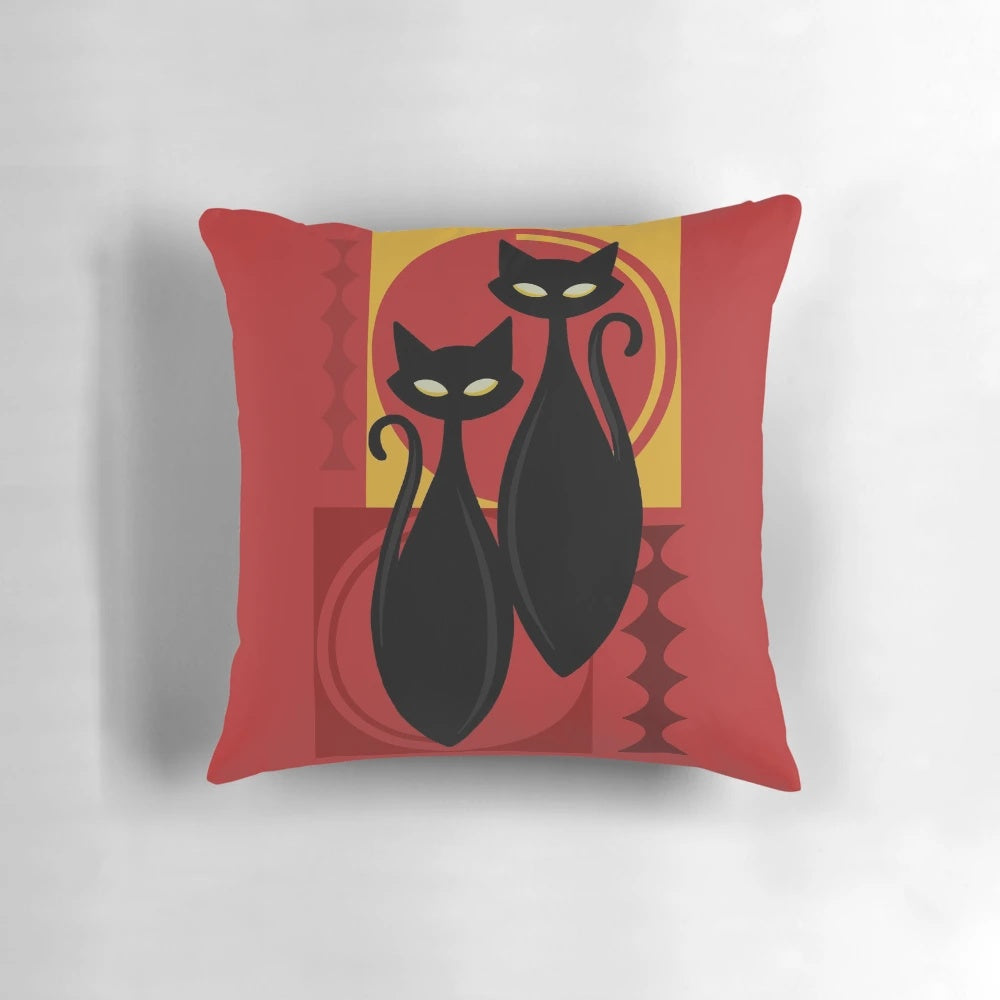 Retro atomic age black kitschy cat decorative throw pillow