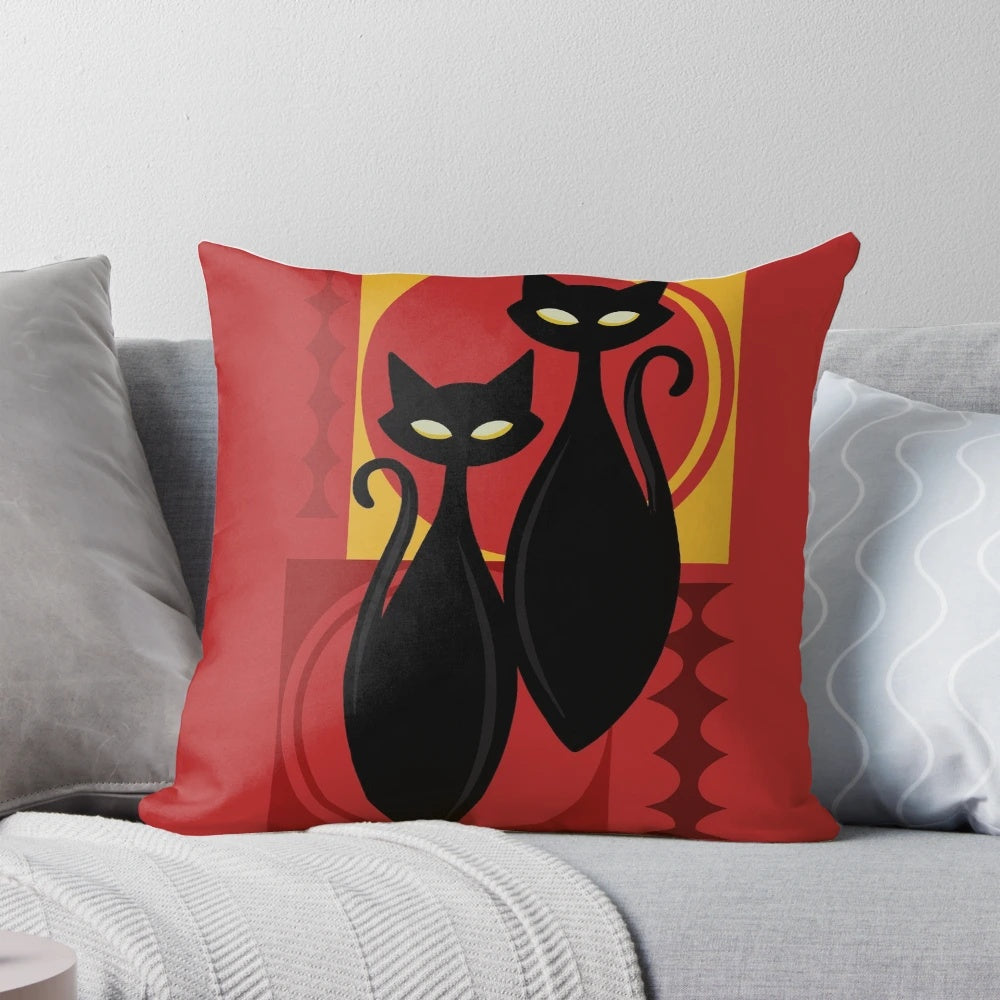 Retro atomic age black kitschy cat decorative throw pillow