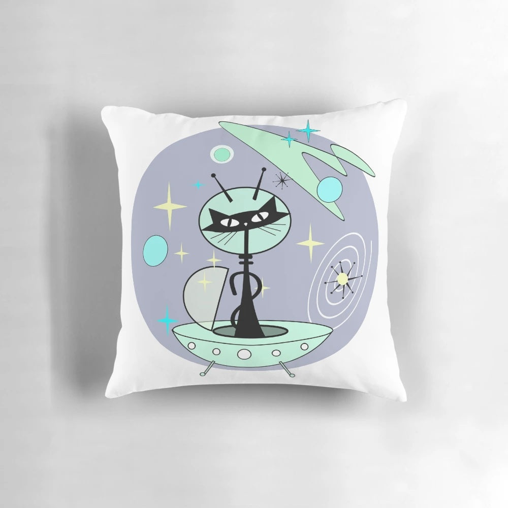 Retro atomic black cat cosmic martian decorative throw pillow