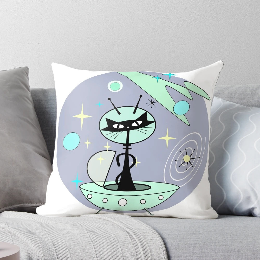 Retro atomic black cat cosmic martian decorative throw pillow