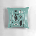 A vintage-inspired Christmas pillow featuring a stylized black cat in a mid-century modern atomic design.