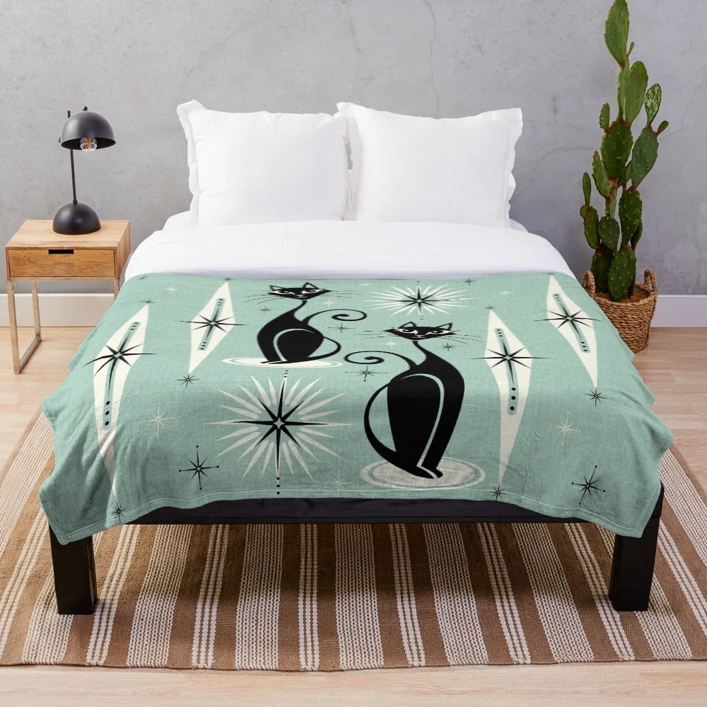 Retro atomic cats plush blanket with vintage starburst design