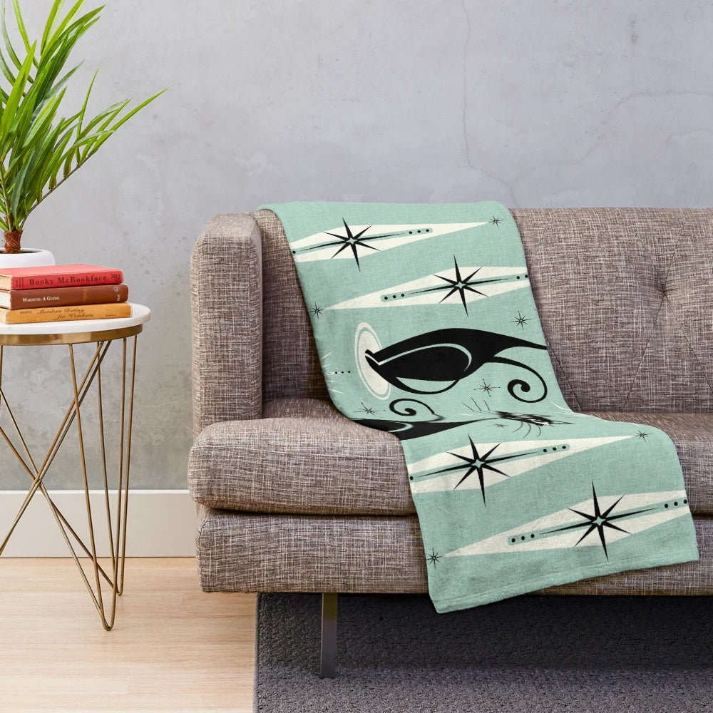 Retro atomic cats plush blanket with vintage starburst design