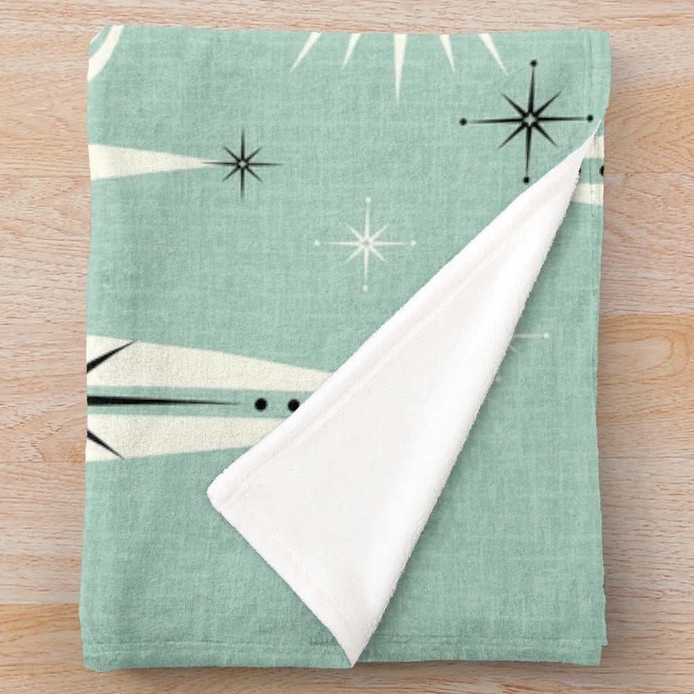 Retro atomic cats plush blanket with vintage starburst design