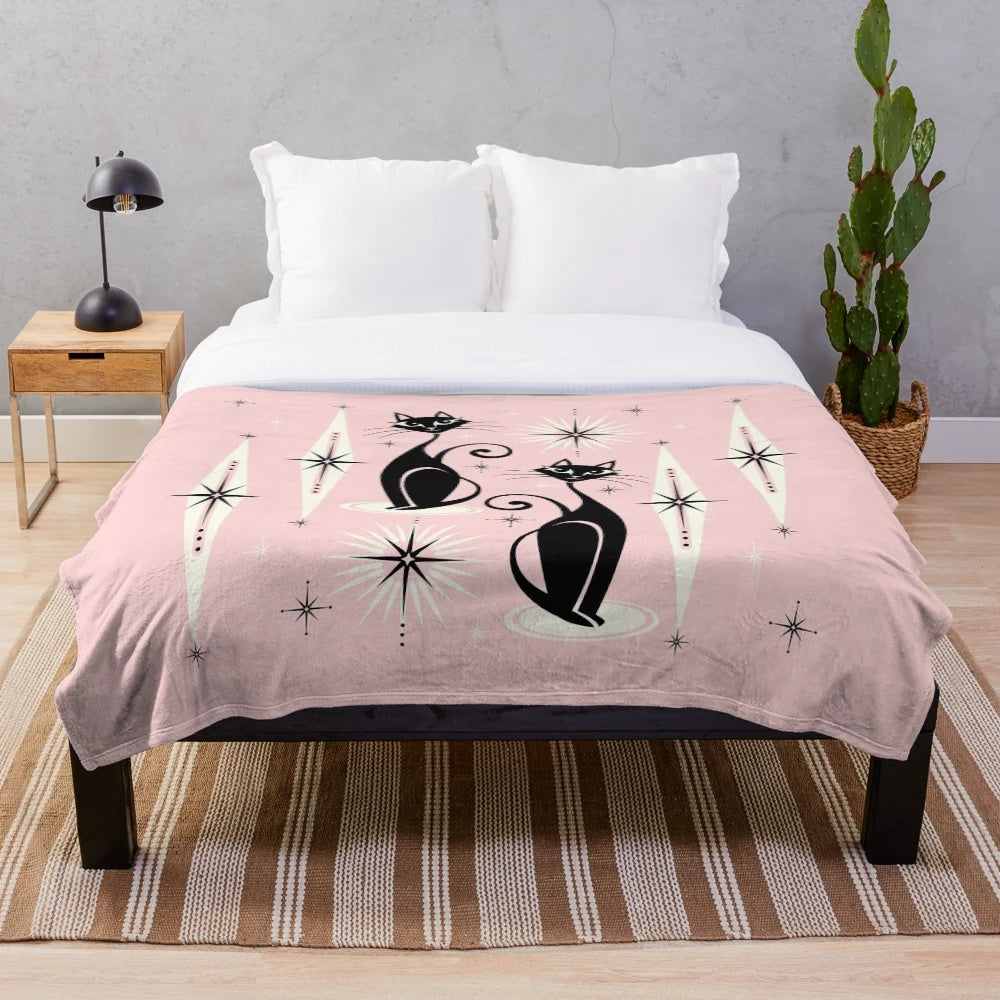 Retro Atomic Cats Plush Blanket featuring whimsical atomic-style cat design