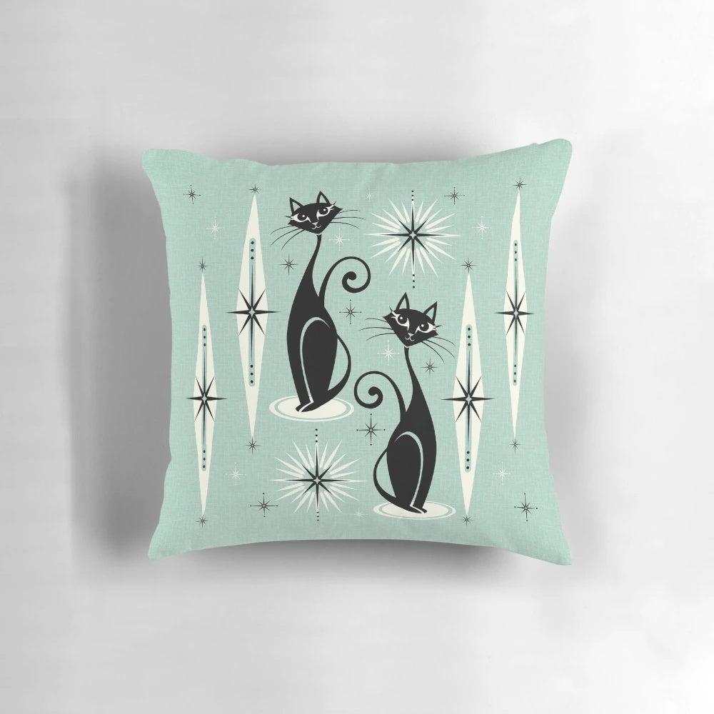 Retro atomic cat pillow with vintage mid century starburst and diamond design
